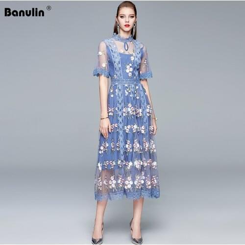 2020 Summer Runway Embroidery Mesh Dress Robe Womens Stand Collar Flare Sleeve Floral Lace Long Dress Vestido Mujer Verano