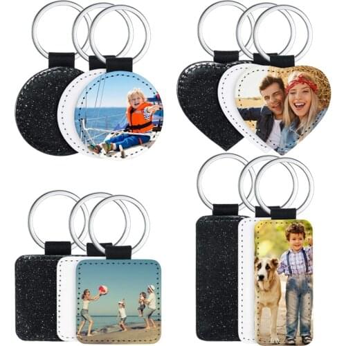12 Pack Sublimation Blanks Keychain 4 Types Glitter PU Leather Keychain DIY Heat Transfer Keyring