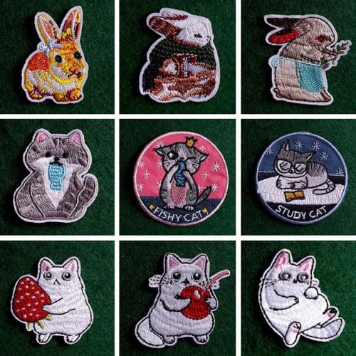 2Pcs/Lot Cute Cat/Rabbit Stripes Patch Iron On Patches For Clothing Animals Embroidered Patches On Clothes Cartoon Patch Sticker