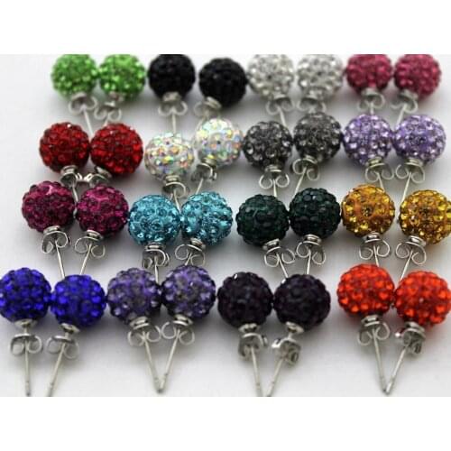 20pair/lot 10mm disco ball bead mixed white multicolor stainless steel Crystal Beads stud earrings silver plated l4545