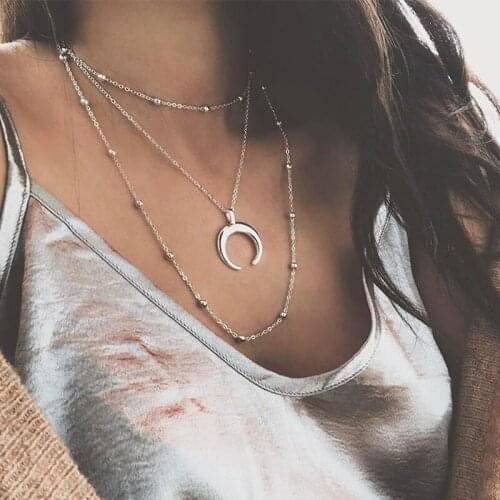 3 Pcs/Set Bohemian Moon Beads Pendant Necklace Women Silver Color Clavicle Multilayer Necklace Set Simple Party Jewelry Gift