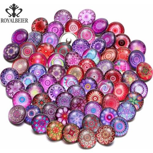 RoyalBeier 20pcs/lot Mixed Beautiful Flower Snap Button 18MM Round Glass Copper Snaps Jewelry Flower Snap Fit Snap Bracelet