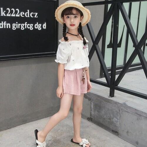 Kids girls 2pcs summer suits Floral short-sleeved T-shirt + shorts new big virgin suit 4-12 years old