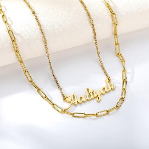 HUHUI Custom Name Double Layer Necklace Personalized Pendant Stainless Steel Rectangular Chain Jewelry For Woman Birthday Gift