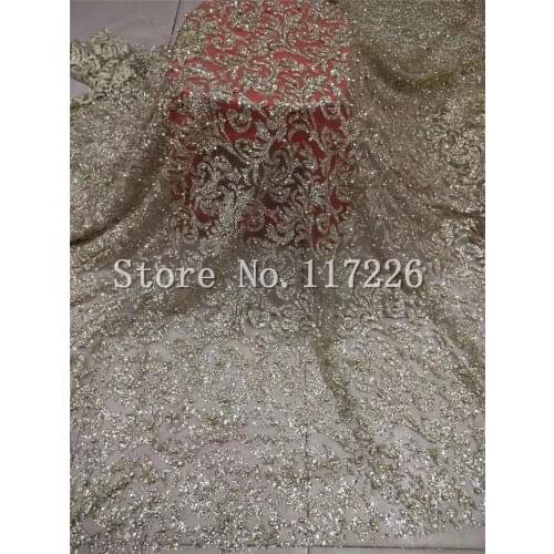 Classic design glitter french net lace fabric with beads glued glitter african Tulle lace JRB-3278 for women party dress