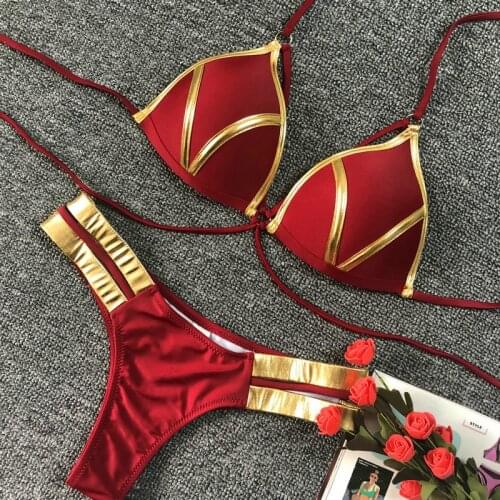 Red Swimwear Push Up Swimsuit 2020 Sexy Bikini Women Halter Biquini Padded Bathing Suit Gold Stamping Brazilian Bikini Set Thong