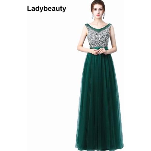 Ladybeauty 2019 New Sexy Luxury Long Style Tulle Evening Dress with Bling Bead and Crystal Pearl Floor Length for Prom Party