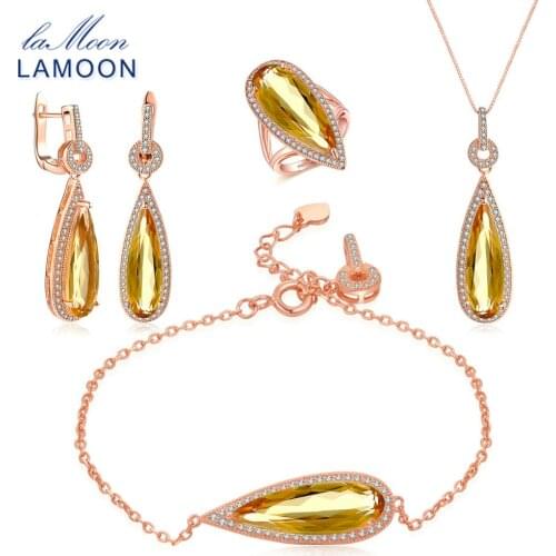 LAMOON Sterling Silver 925 Jewelry Sets Big Citrine Gemstone 18K Rose Gold Fine Jewelery Luxury Designer Jewelry For Wome V047-1
