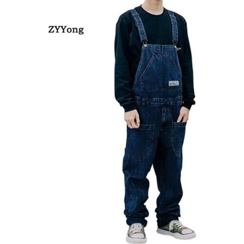 Men Denim Jumpsuits Bib Overalls High Quality Straight Leisure Loose Jeans Hip Hop Streetwear Cargo Pants Cowboy Homme Trousers