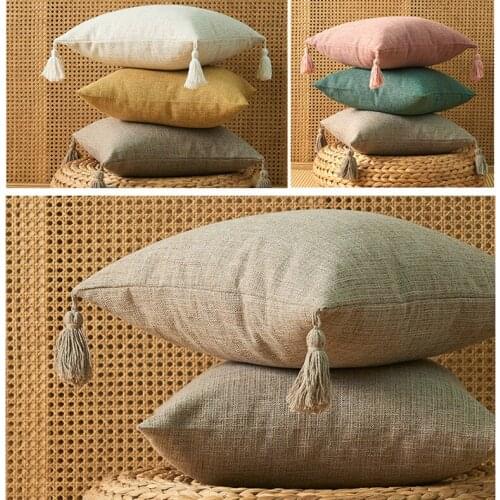 Simple solid color cotton linen cushion cover tassel pillowcase backrest cover for pillow