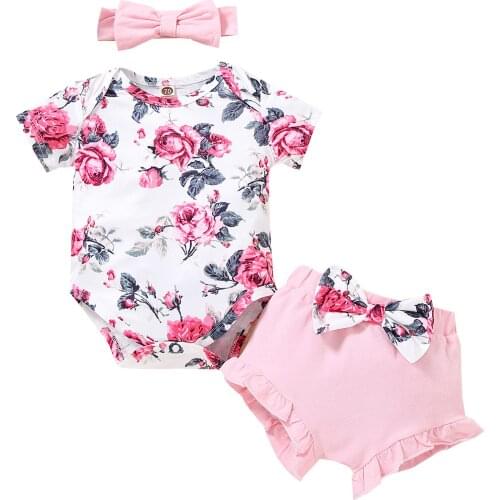 Baby Girl Clothes Three Piece Fresh Flower Short Sleeve Romper And Solid Color Short Pants With Headband White Yellow Navy