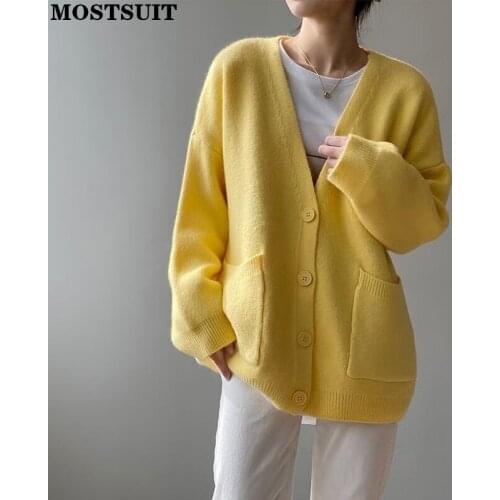 Solid Loose V-neck Long Cardigan For Women Full Sleeve Single-breasted Sweater Tops Korean Casual Female Jumpers Femme 2021