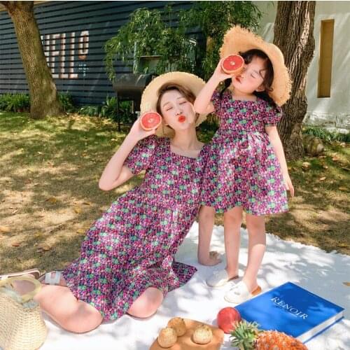 2021 Summer Mommy and Me Daughter Dresses Small Flower Print Family Matching Outfit Floral Dress Back Ruffle Sleeve Mother Dress