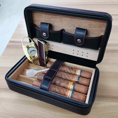 Portable 4 CTS Cedar Wood Leather Cigar Travel Case Cigar Humidor With Humidifier