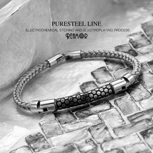 REAMOR Silver Color CNC Structural Mechanical Men Bracelets Snake Skin Texture Stainless steel Wire Bracelet For Dazzle Cool Boy