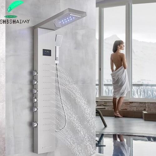Luxury Brushed Nickel Shower Panel Wall Mounted Bath Shower Column with LED Light Hydroelectric Digital Display 6-Funtion Switch