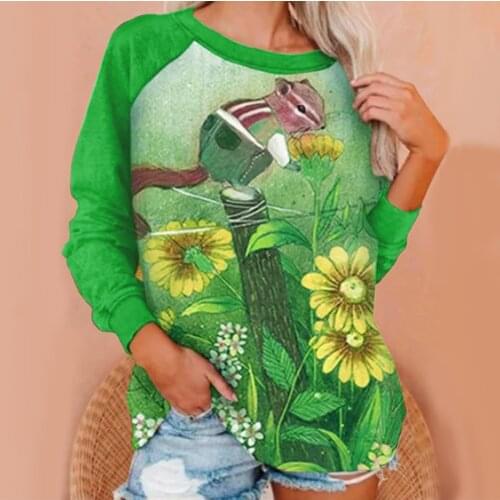 S-XXXL Long sleeve Cartoon squirrel print Women Casual O Neck T-shirt Print Long Sleeve Blouse Top Sweatshirt חולצות נשים F4