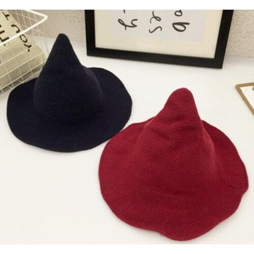 Halloween personality wizard hat with pointed big brim wool hat witch hat knitted wizard hat festival party hat