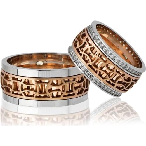 Tesbihane Special Design Motif Embroidered Rose Color 925 Sterling Silver Couple Wedding Rings