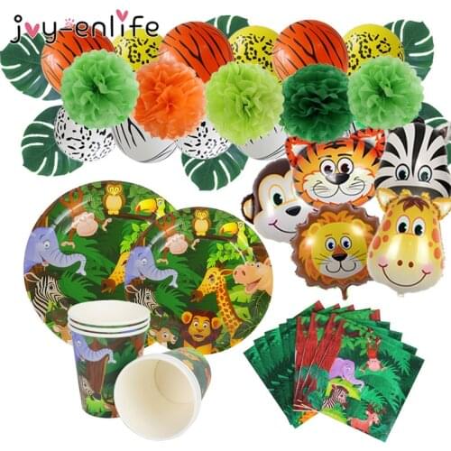 Jungle Birthday Party Decoration Green Number Balloons Animal Balloon Safari Party Paper Cup Plate Banner for Kids Party Decor