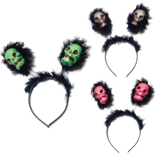 Y1QD Horrible Halloween Headwear Spring Long Fur Skull Headbands Dress-up Headpiece for Cosplay Party Decor Novelty Headdress