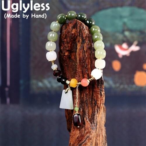 Uglyless Elastic Rope Natural Multi Gemstones Beads Bracelets for Women Hotan Jade Bracelets 925 Sterling Silver Jewelry Amber