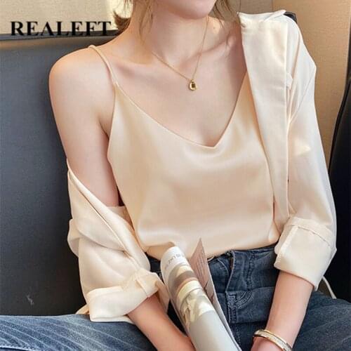 REALEFT 2021 New Summer Chiffon Womens Camis Solid Loose Tops Multi Colors Bottoming Sexy Strapless V-Neck Tanks Top Female