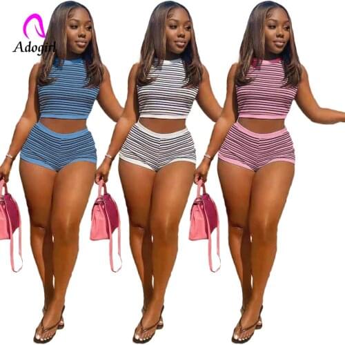 Knitted Ribbed Women 2 Piece Set Sleeveless Crop Tank Top + High Waist Biker Shorts Matching Tracksuit Sexy Club Party Outfits