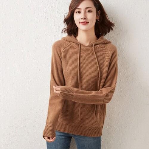 2021 Autumn/Winter Women Knit Sweaters With Hat 100% Wool Pullovers Long Sleeves Hoodie Clothes Fashion Thicker Jumpers