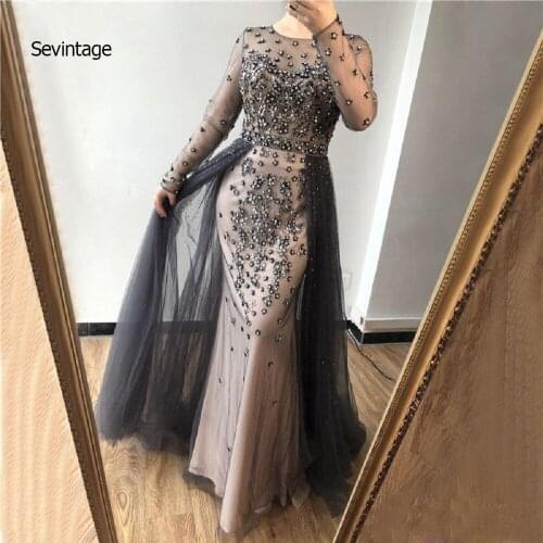 Sevintage Gray Shiny Beaded Crystals Prom Dresses Sheer Long Sleeves Evening Dress with Skirts Formal Party Gown vestido longo
