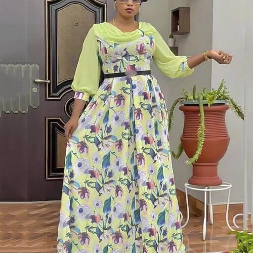 African Dresses for Womens High Waisted Printed Floor Length Round Neck Elegant Evening Night Party Vestidos Mujer Dress New Hot