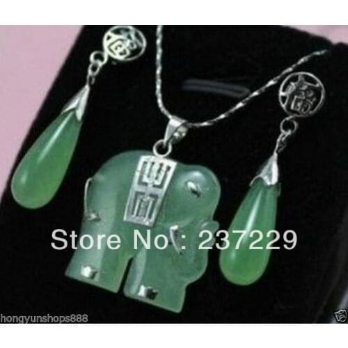 FREE SHIPPING>>@> Wholesale price FREE SHIPPING aPretty green stone carved elephant fortune jewelry necklace/Pendant earring set