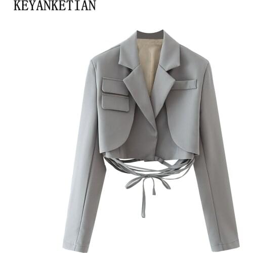 KEYANKETIAN Retro dark gray long-sleeved autumn blazer ladies chic vest women fashion ladies lace-up short blazer Mujer