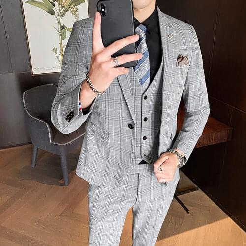 Blazer + Vest + Pants ) Mens Casual Classic Suits Plaid 3Pces Men Slim Dress Suits Dress For Groom Wedding Tuxedo Men clothing