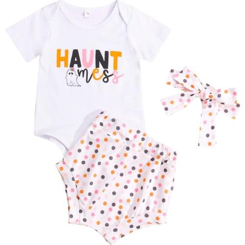 Bmnmsl Three Pieces Halloween Day Baby Girl’s Clothes Fashion Letter Short Sleeve Romper and Dot Short Pants with Headband Sets