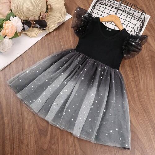 Kids Clothes Girls Summer Dress Teenage Mesh Flying Sleeve Star Gradient Princess Dress Casual Childrens Outfits 2-12 Years Old