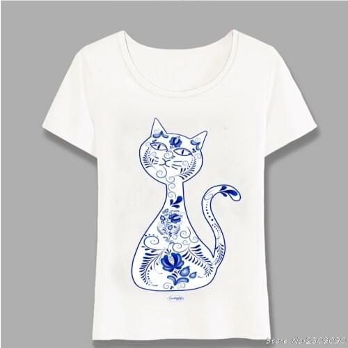 Russian Gzhel Style t-shirt Blue Floral Pattern Cat Print T-Shirt Women Casual T Shirt Cute Girl Tops Summer Female Tee Harajuku