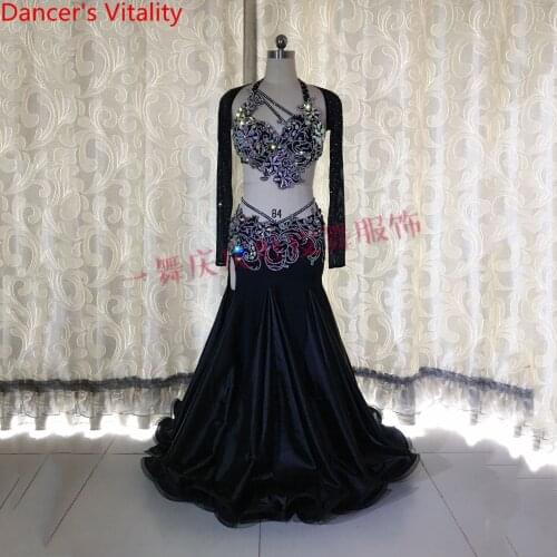 Customized Slim Fit Belly Dance Rhinestone Bra Sexy Split Skirt Women Oriental Indian Drum Dance Group Competition Stage Wear