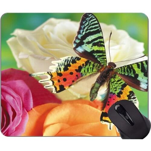 Natural Rubber Mouse Pad Printed with Animal insect rose butterfly -Stitched Edges