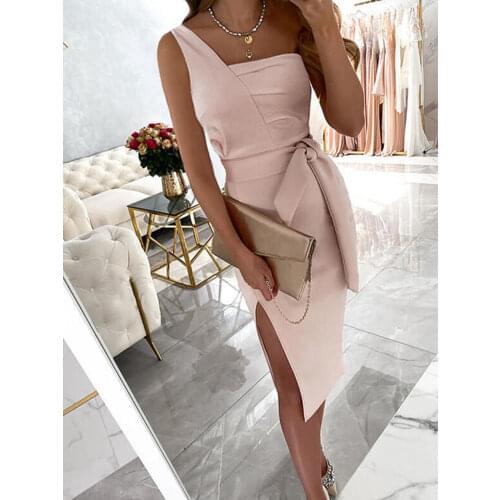 Women Strapless Ruffle Slim Midi Dress 2021 Autumn One Shoulder Long Sleeve Party Dress Spring Elegant Office Lady Bodycon Dress
