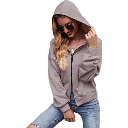 Foreign Trade Sexy Solid Color High Waist Hooded Zip Cardigan Womens Fashion New Autumn Long Sleeve Sweater Coat Top