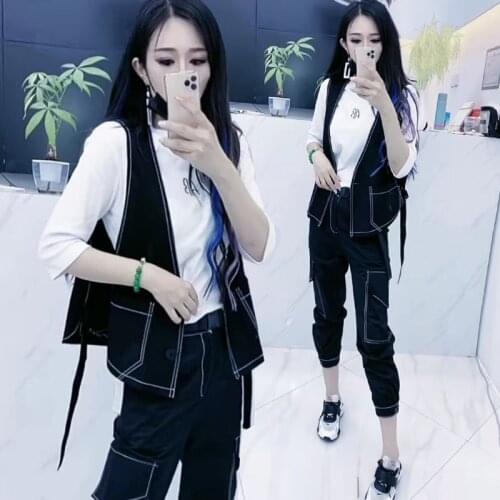 2021 Spring Autumn New Solid Color Fashion Suit Womens Vest + T-shirt + Loose Casual Sports Three-piece Suit Female
