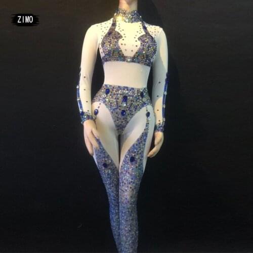 One piece jumpsuit women blue sexy romper glitter crystal rhinestone pole dance carniva costume stage nightclub bar wear outfits