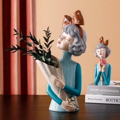 Girl Ornament for Decoration Home Office Shop Girls Statue with Flower Vase Modern Decor Sculpture Best Gift Resin Lady Figures
