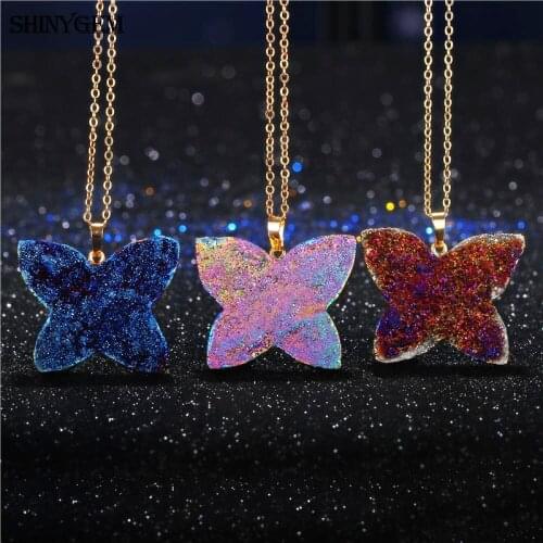 ShinyGem Natural Quartz Butterfly Pendant Necklace Solid Natural Stone Druzy Necklace Gold Crystal Butterfly Necklaces For Women