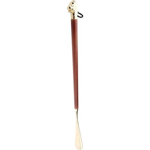Professional Metal Lion Head Long Brown Wood Handle Shoehorn Shoe Lifter