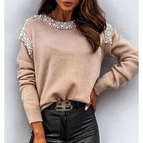 WEPBEL Women Autumn Winter Loose Knitted Pullover Sweater with Pearl Ladies Elegant Long Sleeve O Neck Knitwear Outerwear