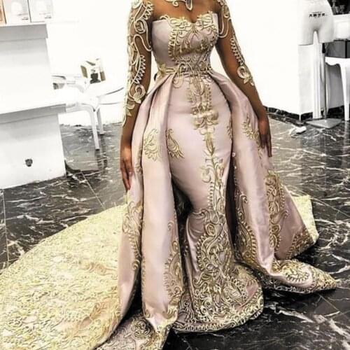 SuperKimJo Gold Lace Applique Prom Dresses 2020 Detachable Skirt Elegant Vintage 2021 Luxury Prom Gown Vestido De Gala