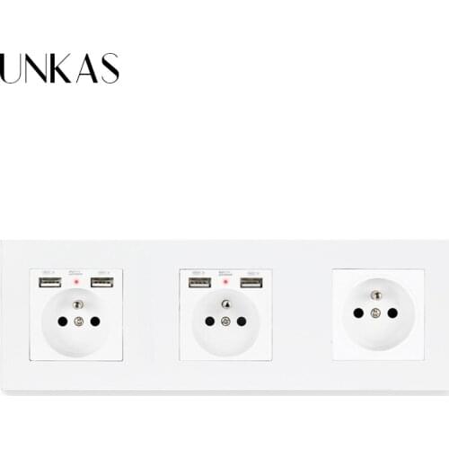 UNKAS 3 Gang PC French Standard Wall Socket With 2 USB Charging Port + 1 Gang French Socket Plastic Panel 258*86mm