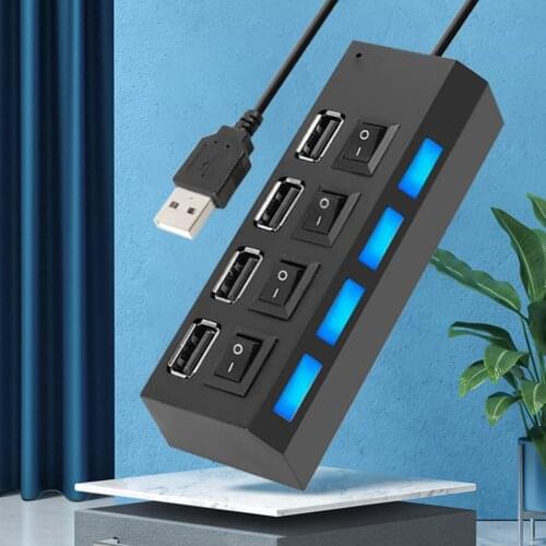 Portable USB2.0 4Port USB Splitter Standard Strip Independent switch Metal Plug Play Wire Concentrator for Computer